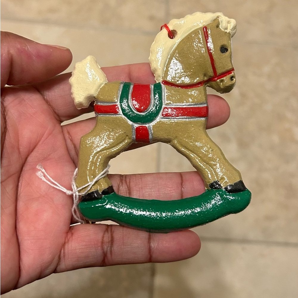 Festive Rocking Horse Ornament - Tan and Green